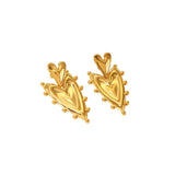 Gold heart-shaped drop earrings with a layered, textured design and small bead accents, shown with dimension lines indicating 4.2 cm height and 2.